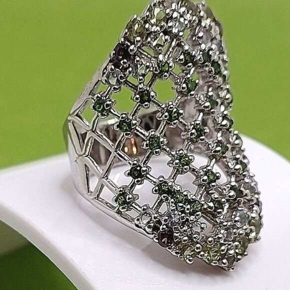 Natural Round Chrome Diopside Rhodolite Gems 925 Sterling Silver Ring Size 7 - Picture 2 of 12